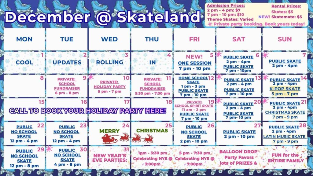 Skateland December 2025 Calendar