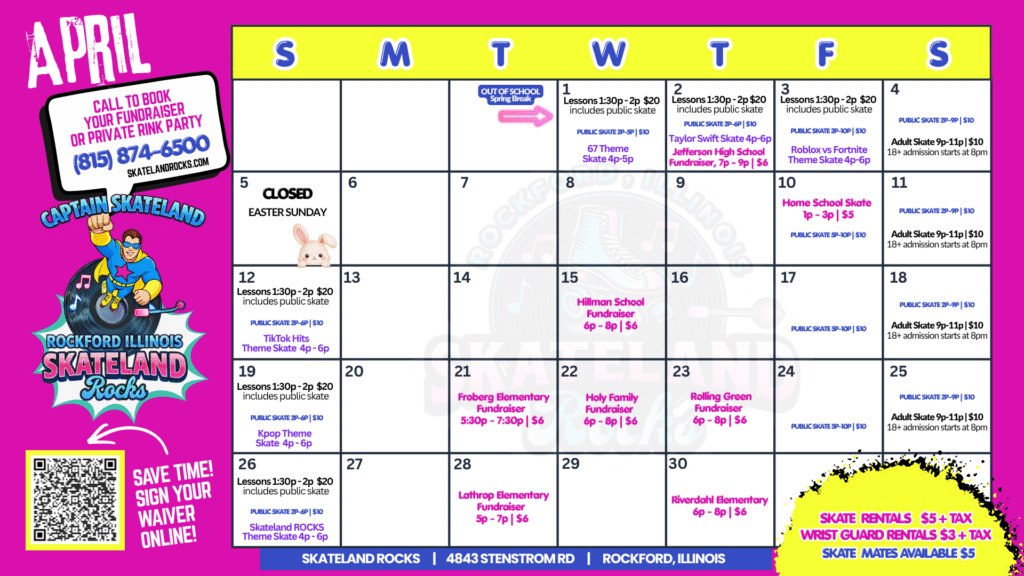 April calendar of events for Skateland Rocks rollerskating rink in Rockford, Illinois